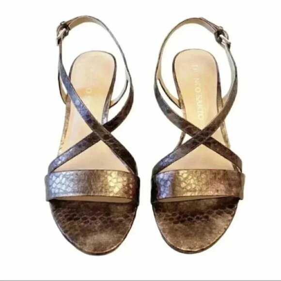 Franco Sarto Kitten Heel Strappy Sandals Metallic Bronze Snakeskin Leather 6.5 - Picture 3 of 12